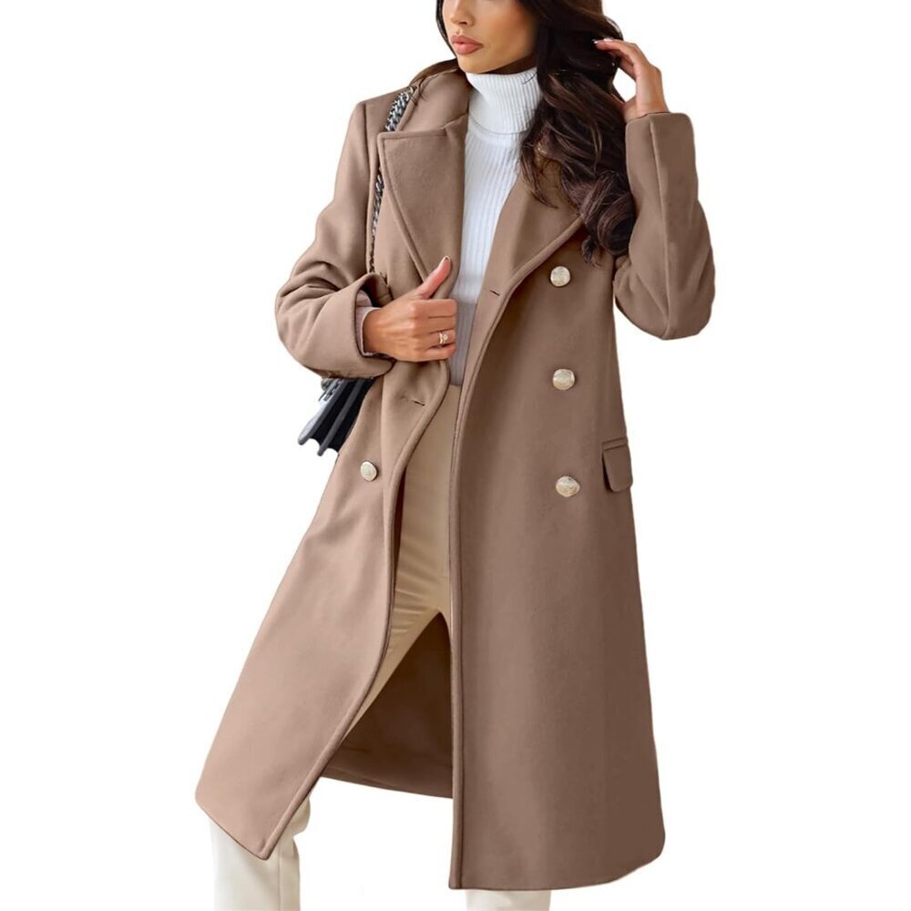 Women's Khaki Winter Lapel Double Breasted Office Work Long Wool Overcoat
